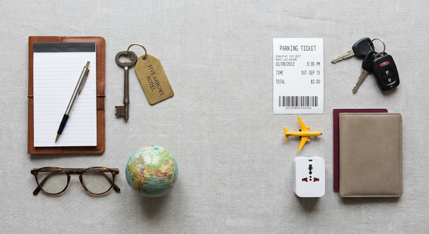 Create a flat-lay top-down composition for a Travel, Flights, Hotels & Deals blo