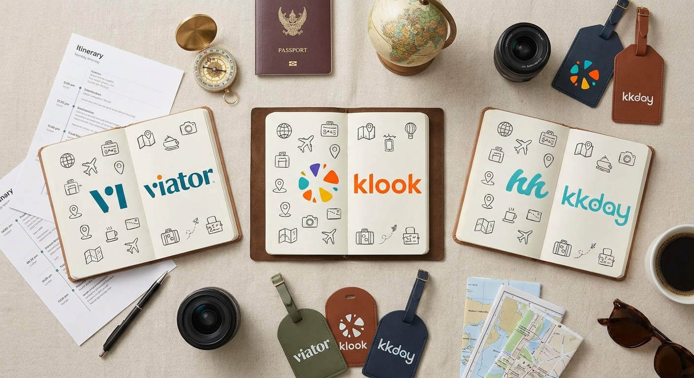 Create a flat-lay top-down composition for a Travel blog article about 