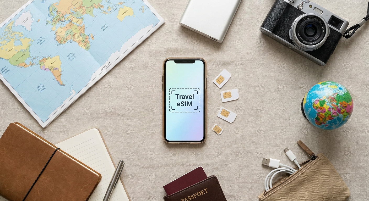 Create a flat-lay top-down composition for a Travel blog article about 