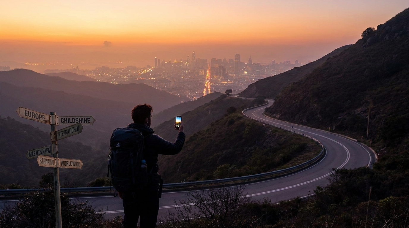Create a cinematic wide-angle scene suitable for a Travel blog article titled 