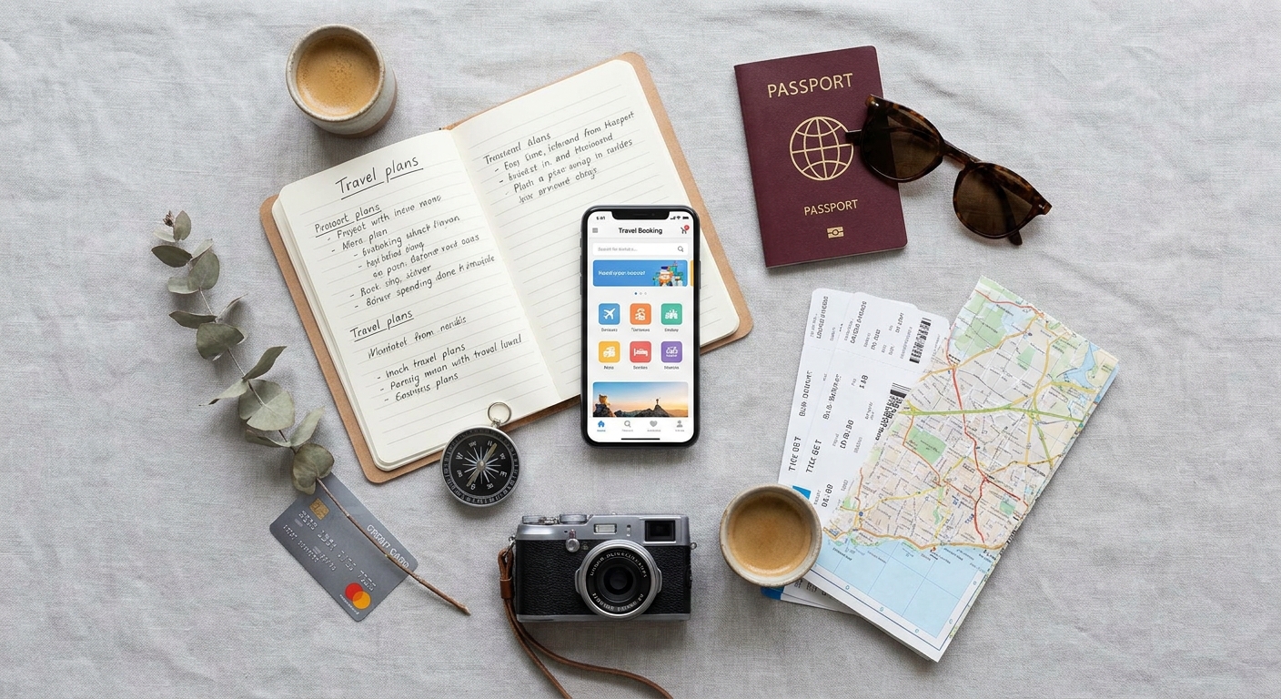Create a flat-lay top-down composition for a Travel blog article about 