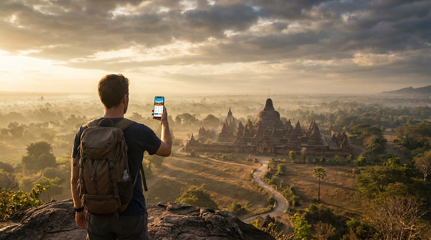Create a cinematic wide-angle scene suitable for a Travel blog article titled 