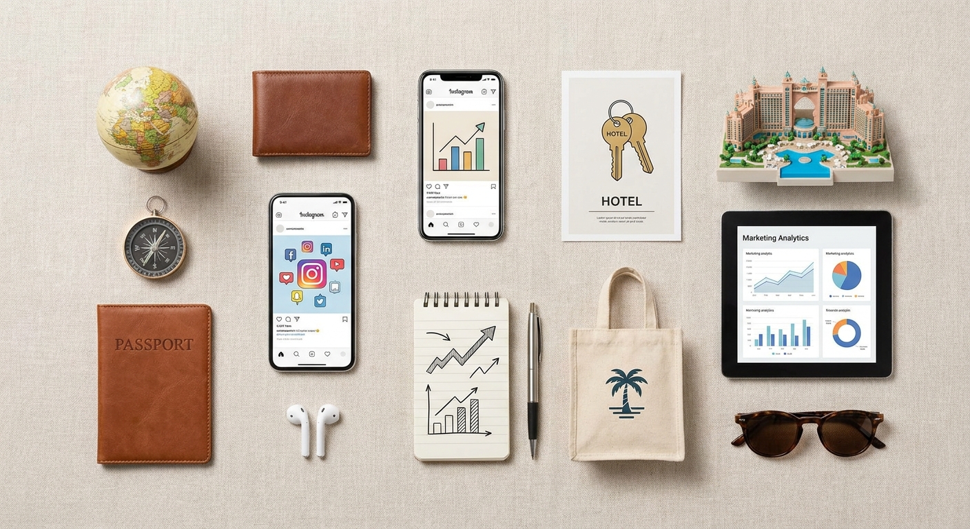 Create a flat-lay top-down composition for a Travel blog article about 