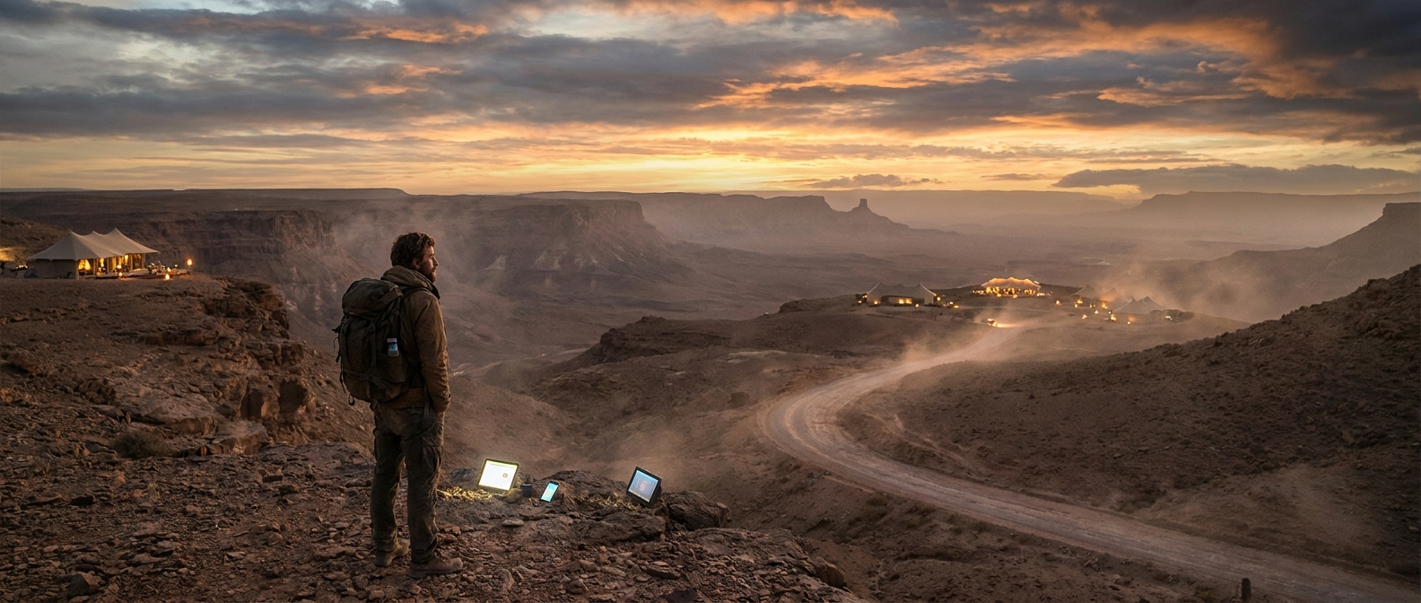 Create a cinematic wide-angle scene suitable for a Travel blog article titled 