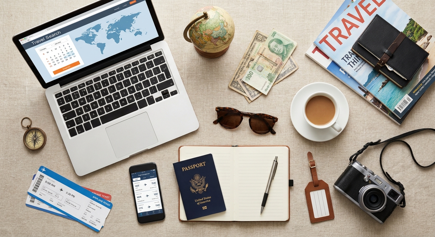 Create a flat-lay top-down composition for a Travel blog article about 
