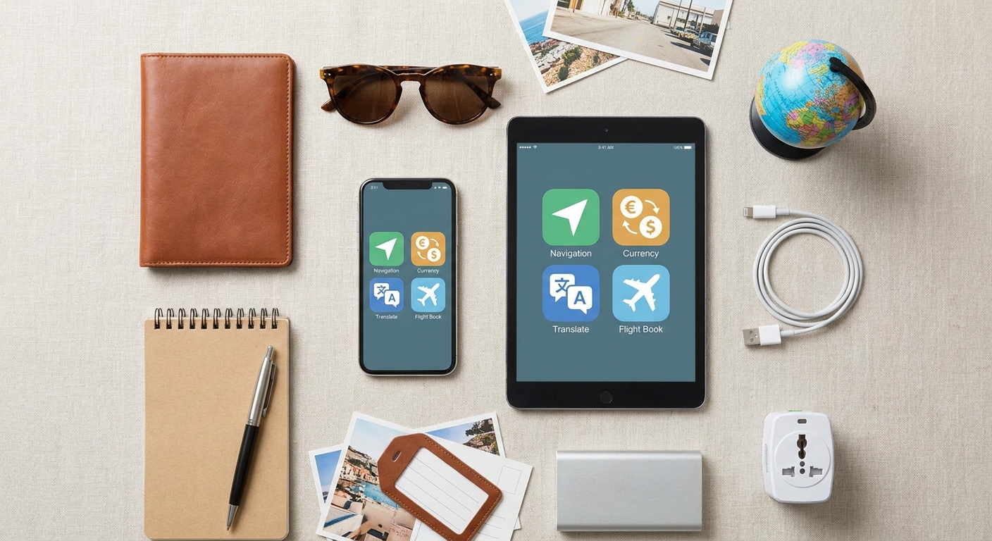 Create a flat-lay top-down composition for a Travel blog article about 