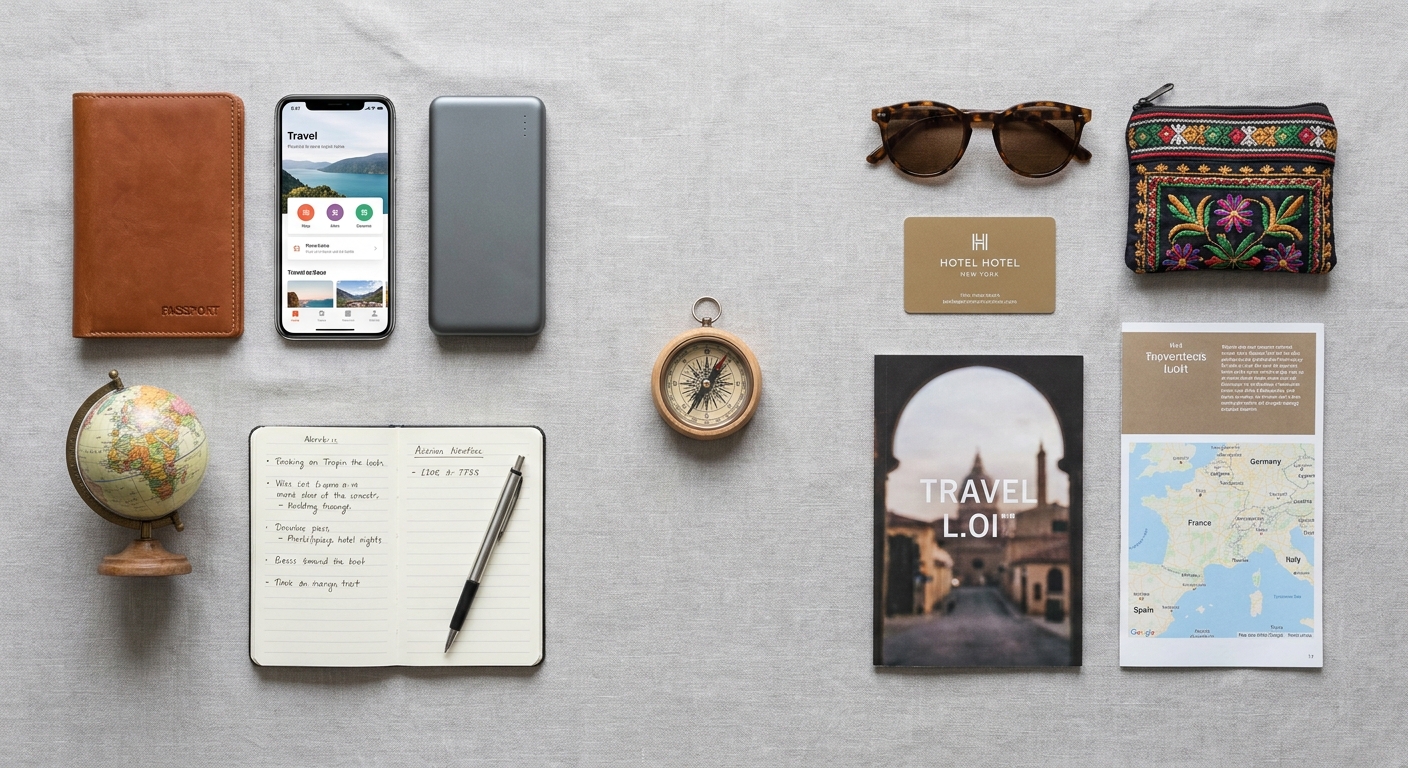 Create a flat-lay top-down composition for a Travel blog article about 