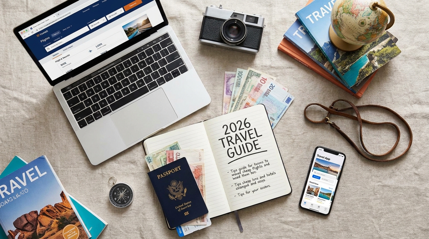 Create a flat-lay top-down composition for a Travel blog article about 