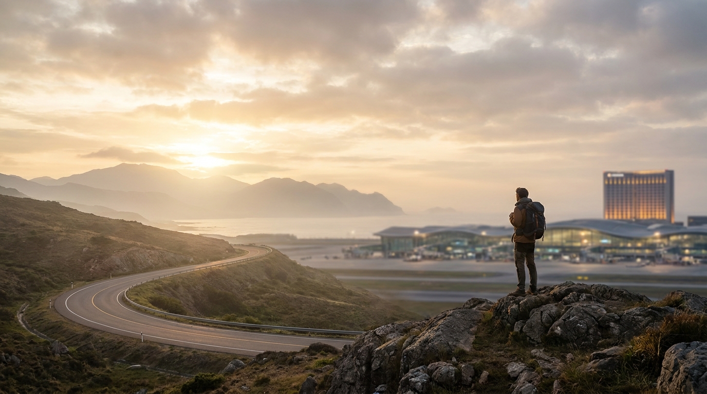 Create a cinematic wide-angle scene suitable for a Travel blog article titled 