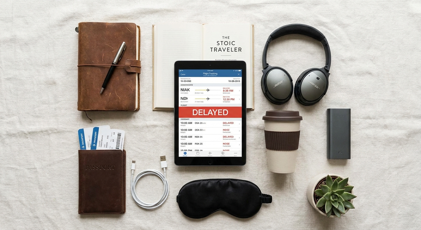 Create a flat-lay top-down composition for a Travel blog article about 