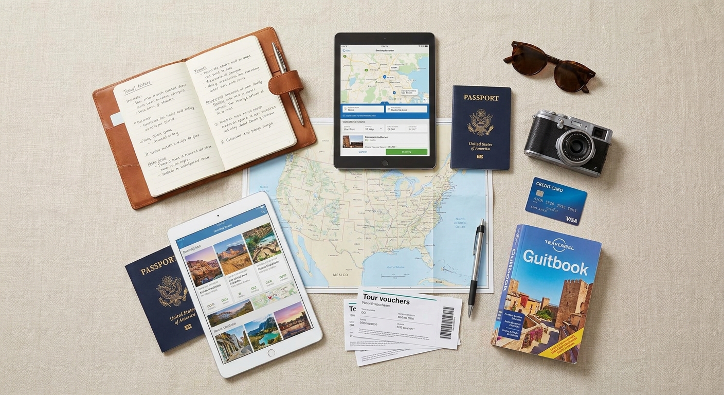 Create a flat-lay top-down composition for a Travel blog article about 