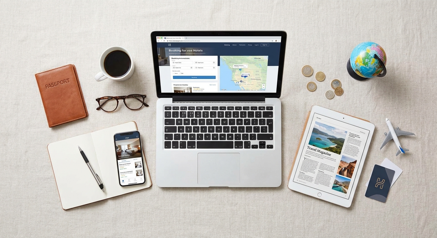 Create a flat-lay top-down composition for a Travel blog article about 