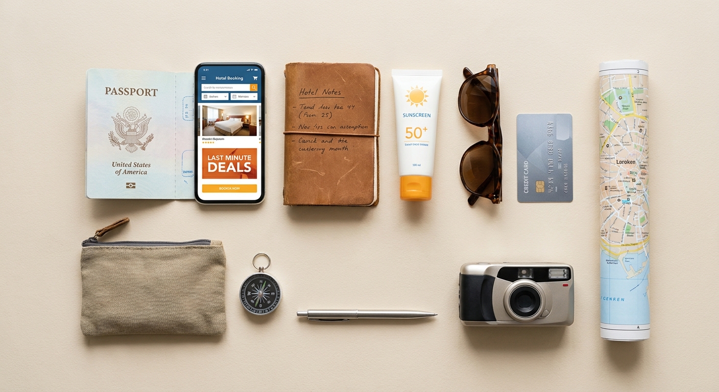 Create a flat-lay top-down composition for a Travel blog article about 