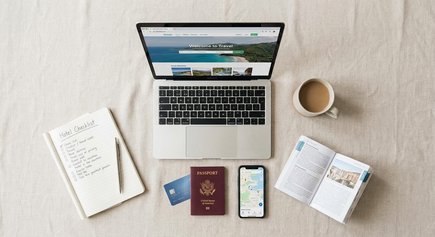 Create a flat-lay top-down composition for a Travel blog article about 