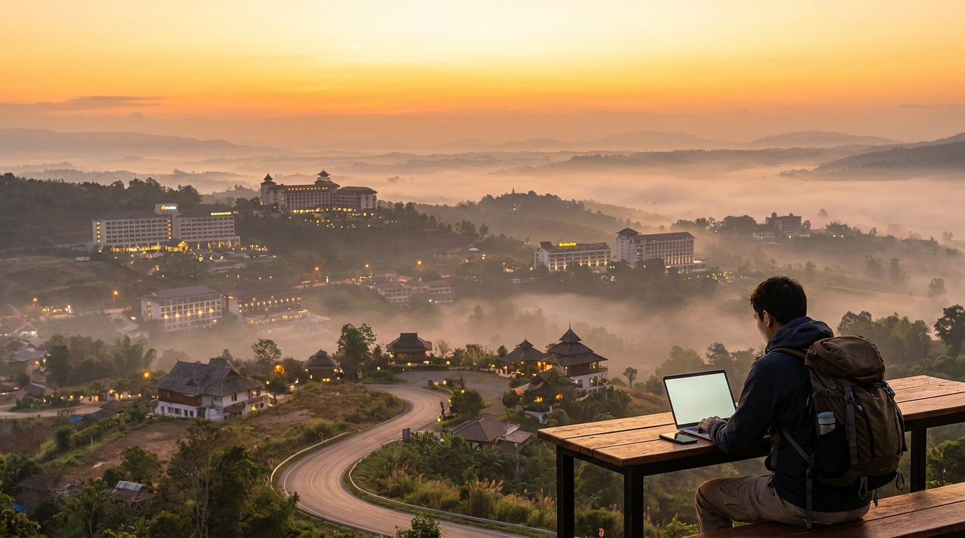 Create a cinematic wide-angle scene suitable for a Travel blog article titled 
