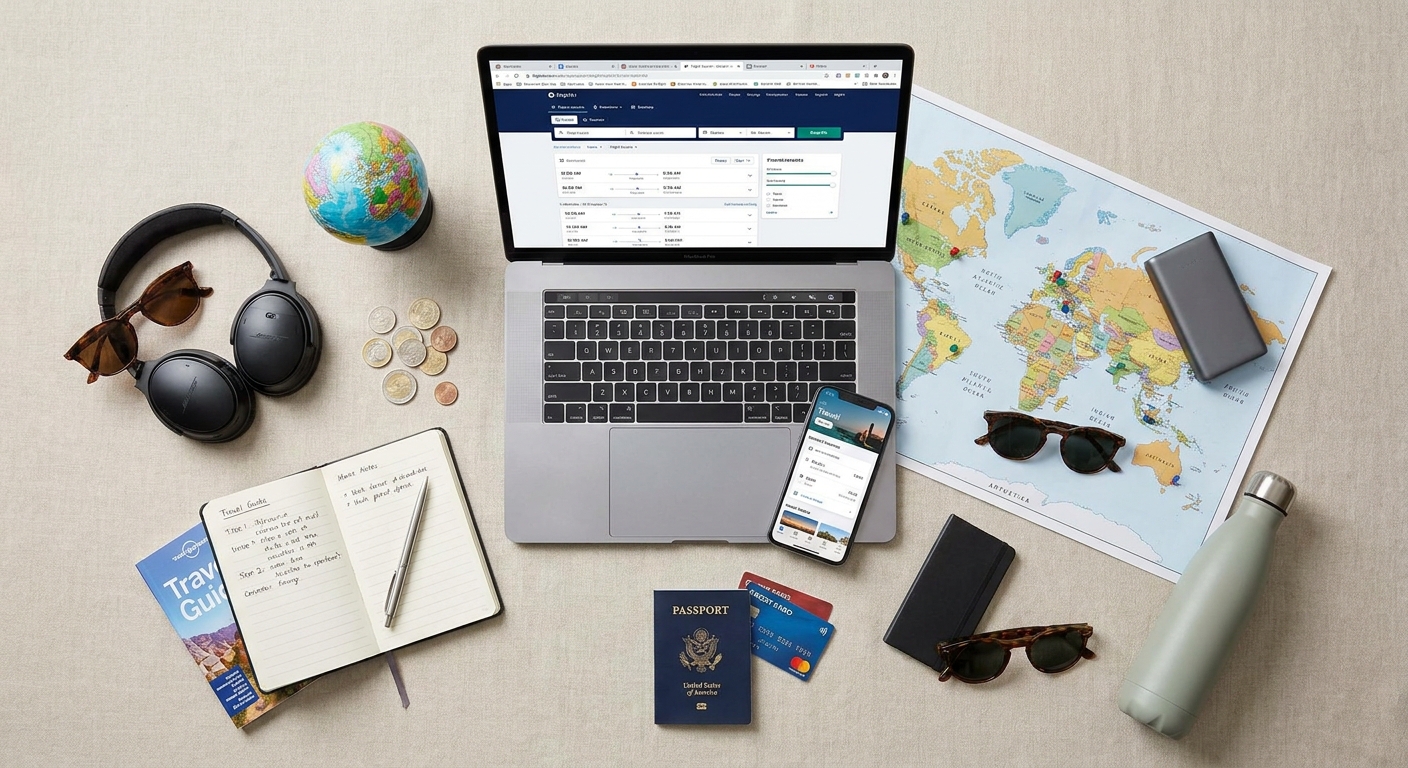 Create a flat-lay top-down composition for a Travel blog article about 