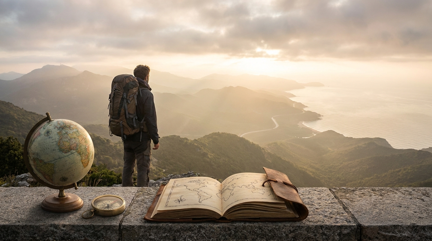 Create a cinematic wide-angle scene suitable for a Travel blog article titled 