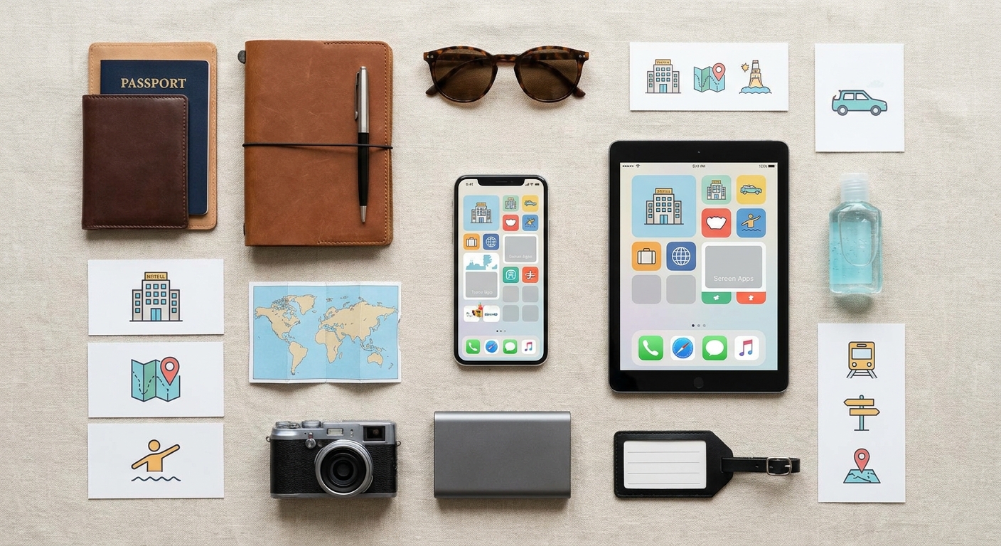 Create a flat-lay top-down composition for a Travel blog article about 
