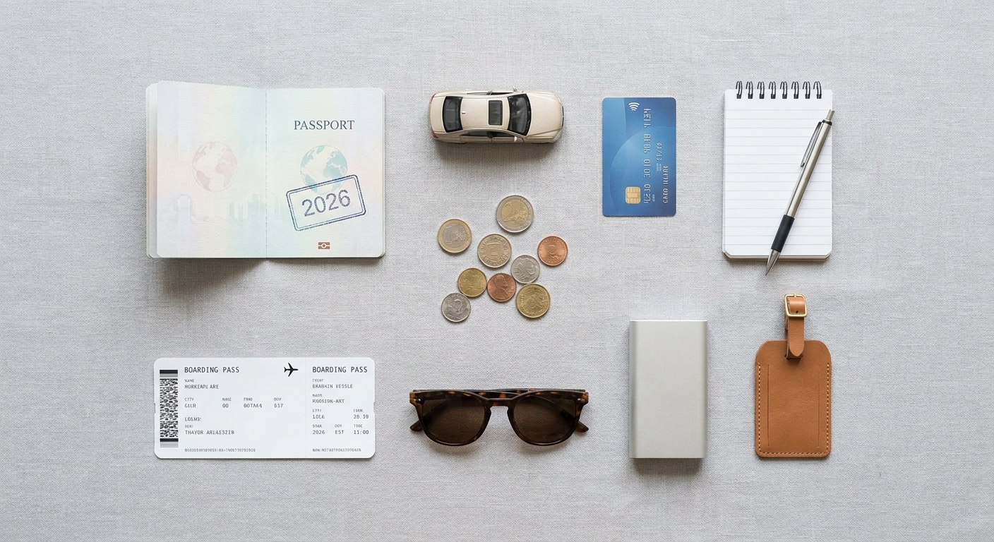 Create a flat-lay top-down composition for a Travel blog article about 