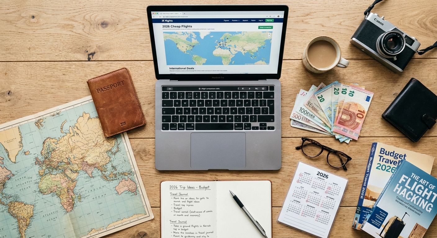 Create a flat-lay top-down composition for a Travel blog article about 