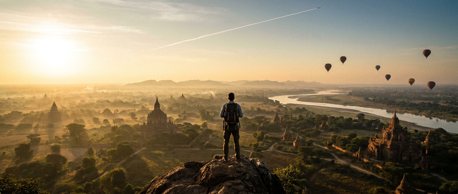 Create a cinematic wide-angle scene suitable for a Travel blog article titled 