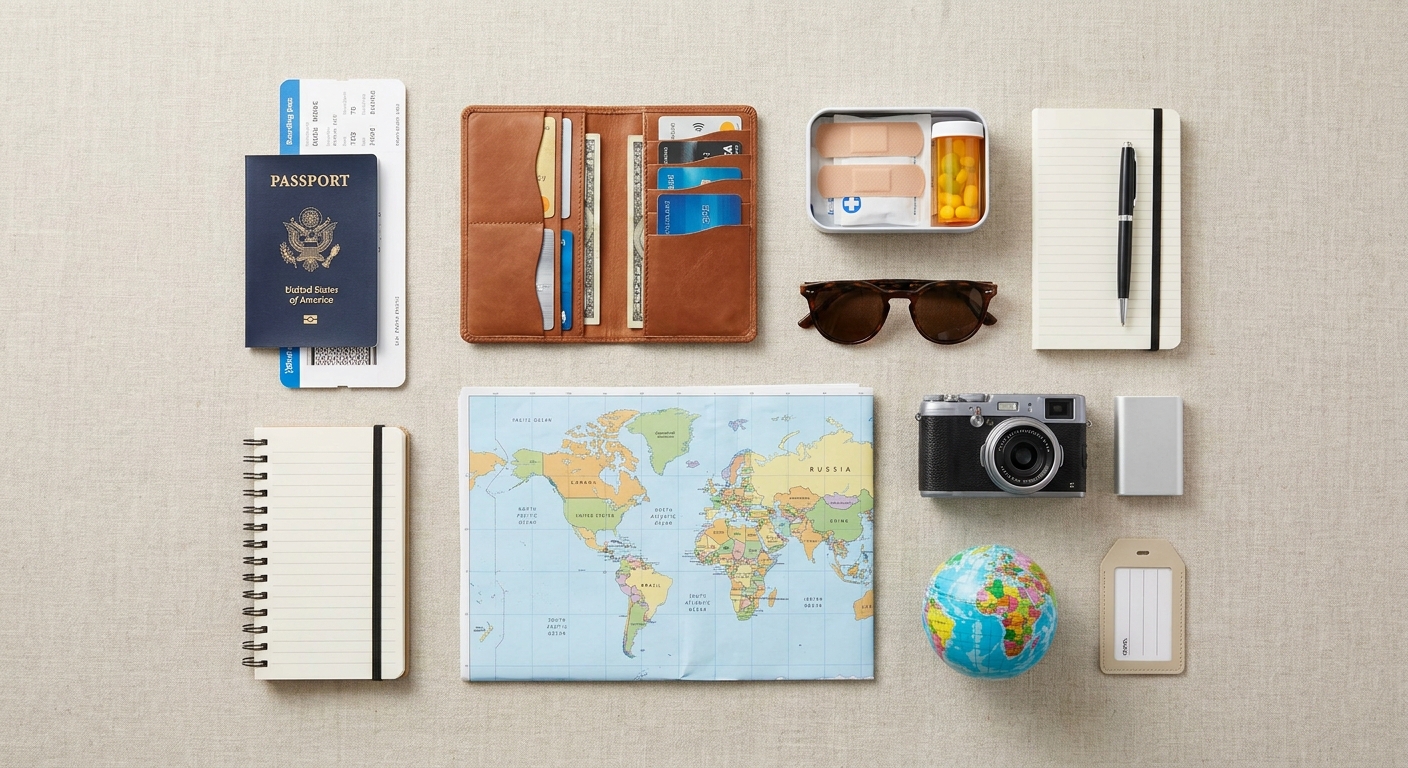 Create a flat-lay top-down composition for a Travel blog article about 