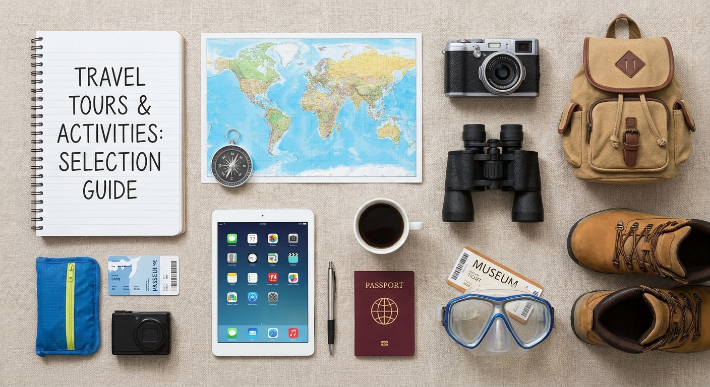 Create a flat-lay top-down composition for a Travel blog article about 