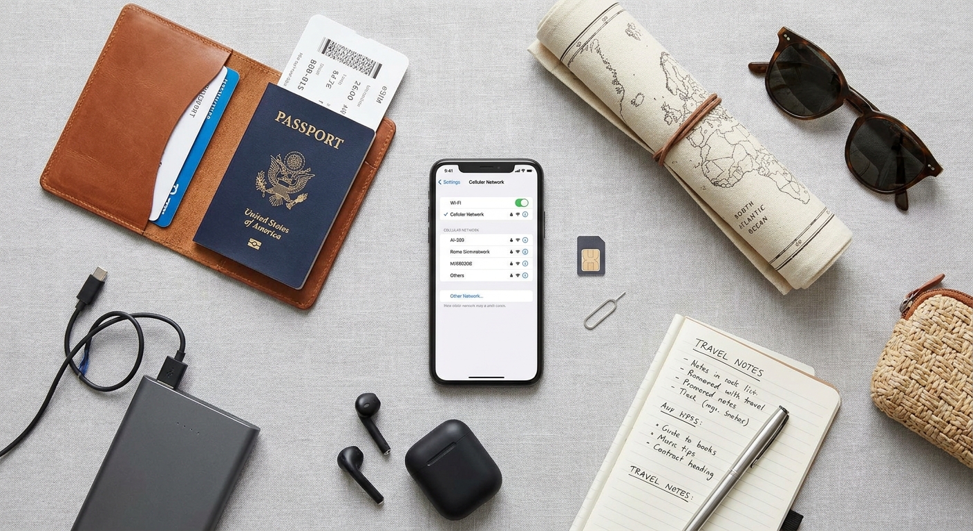 Create a flat-lay top-down composition for a Travel blog article about 