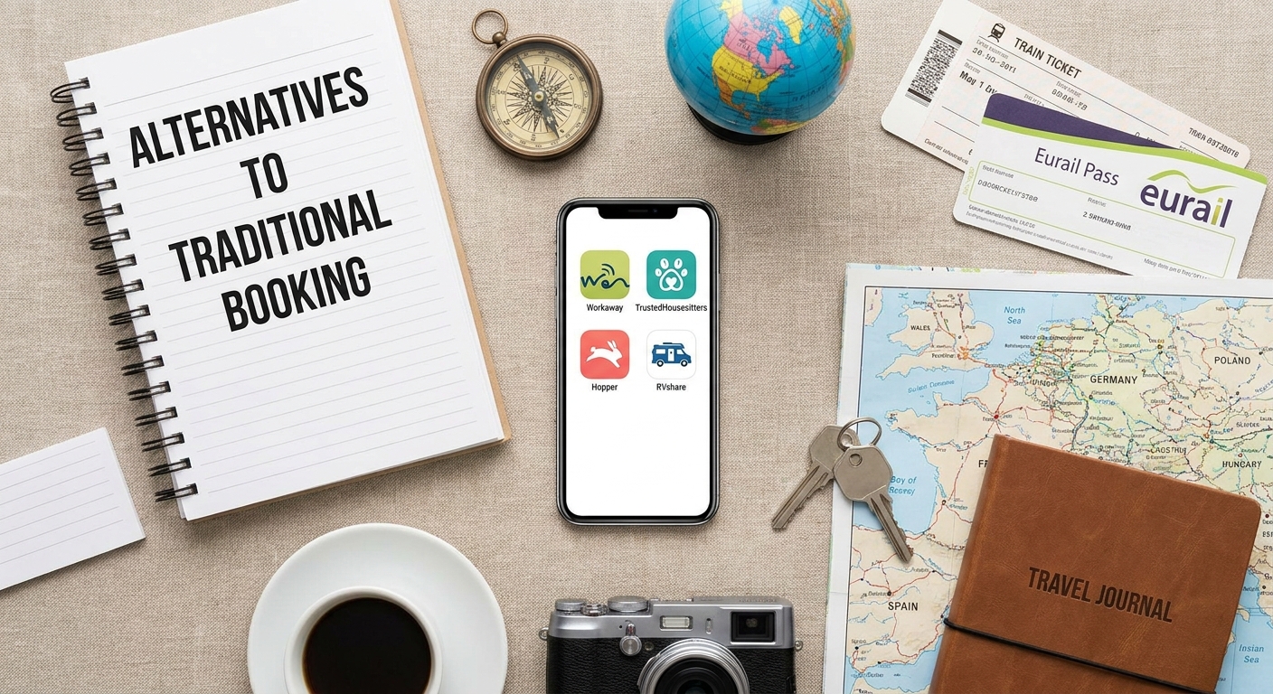 Create a flat-lay top-down composition for a Travel blog article about 