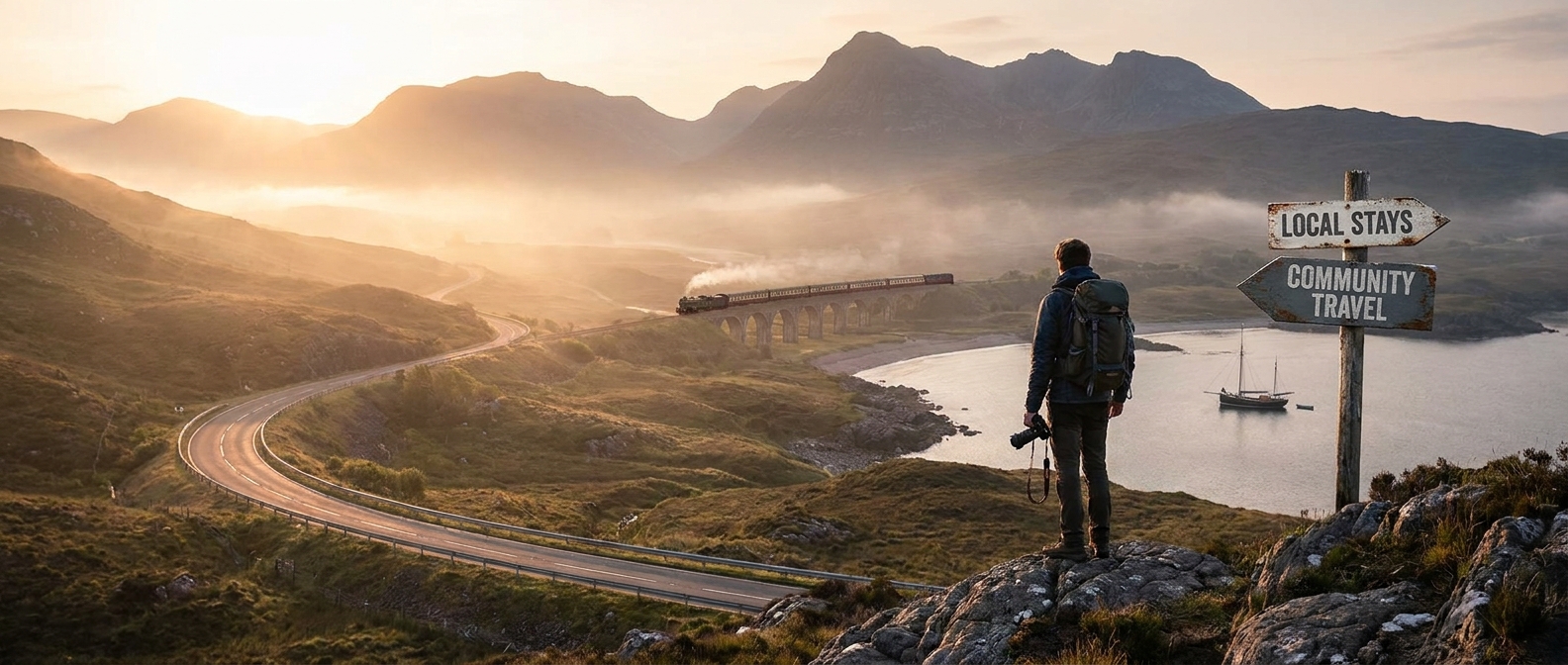 Create a cinematic wide-angle scene suitable for a Travel blog article titled 