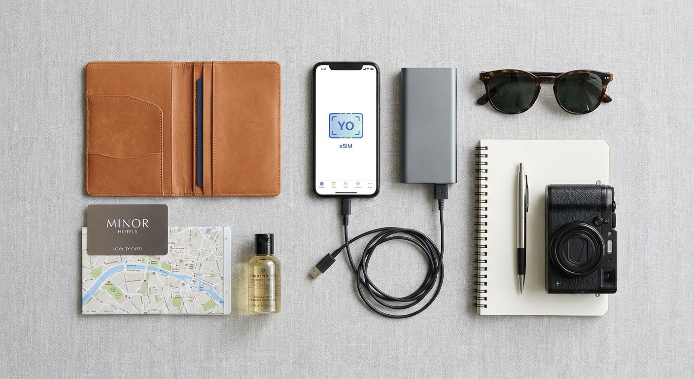 Create a flat-lay top-down composition for a Travel blog article about 