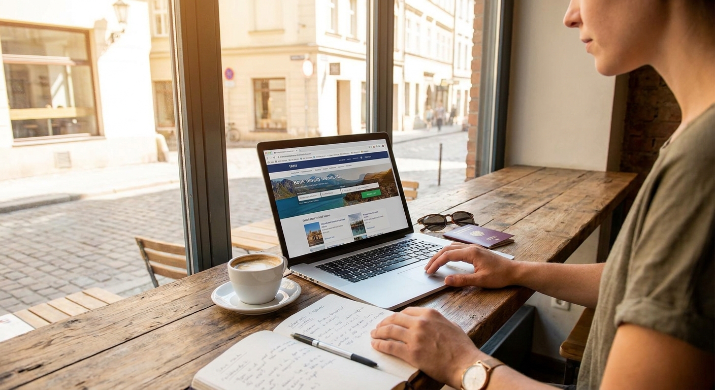 Create a lifestyle photography style blog image for a Travel website article abo