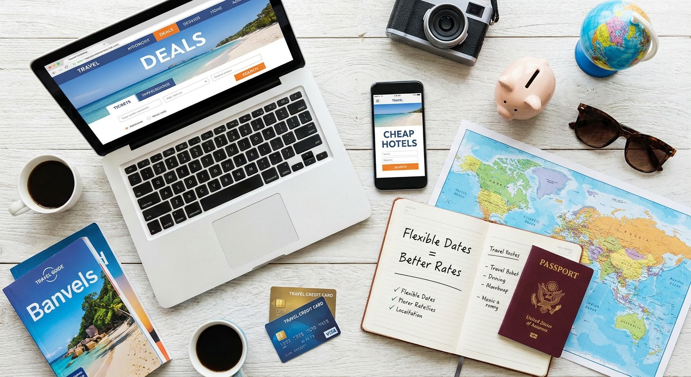 Create a flat-lay top-down composition for a Travel blog article about 