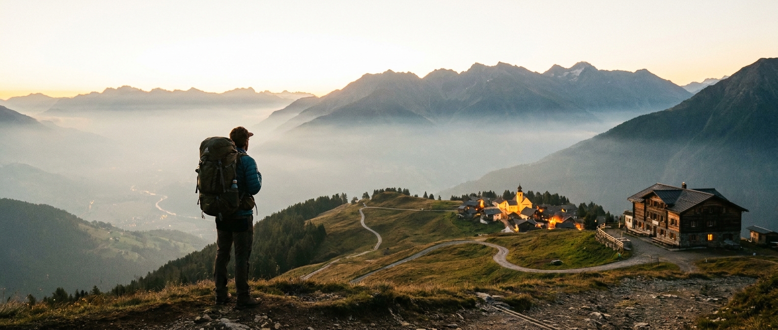 Create a cinematic wide-angle scene suitable for a Travel blog article titled 