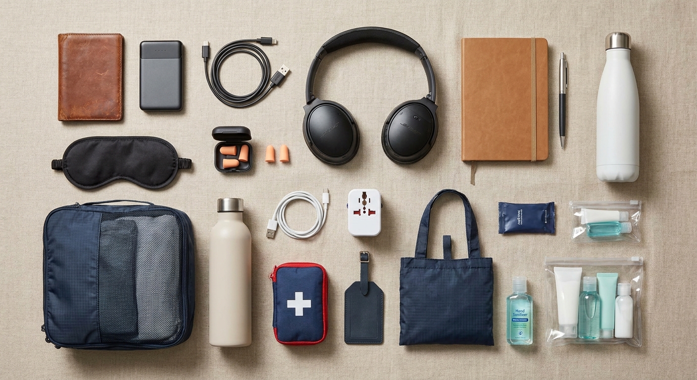 Create a flat-lay top-down composition for a Travel blog article about 