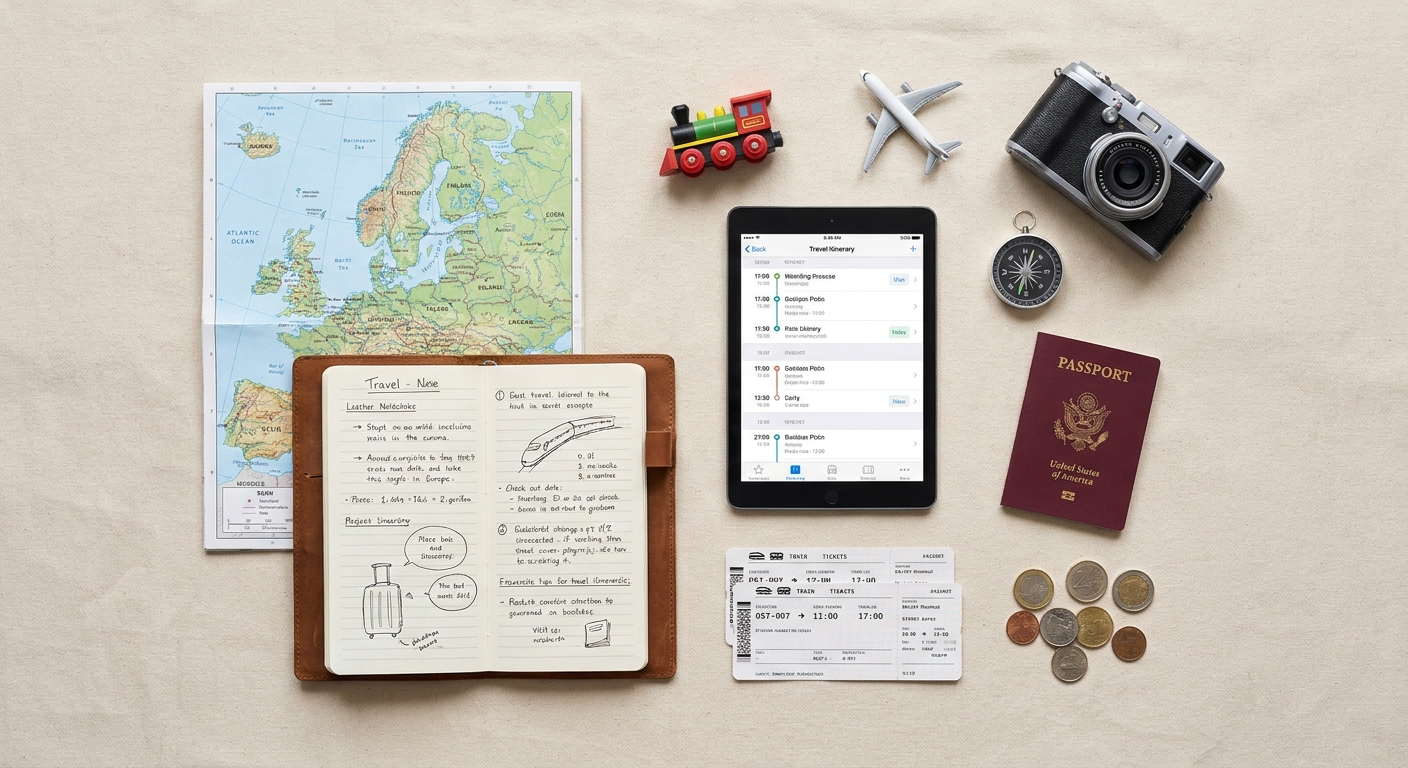 Create a flat-lay top-down composition for a Travel blog article about 