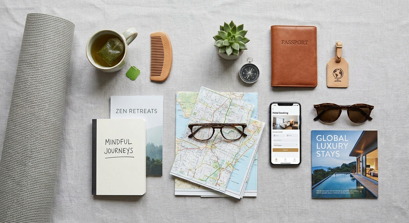 Create a flat-lay top-down composition for a Travel blog article about 