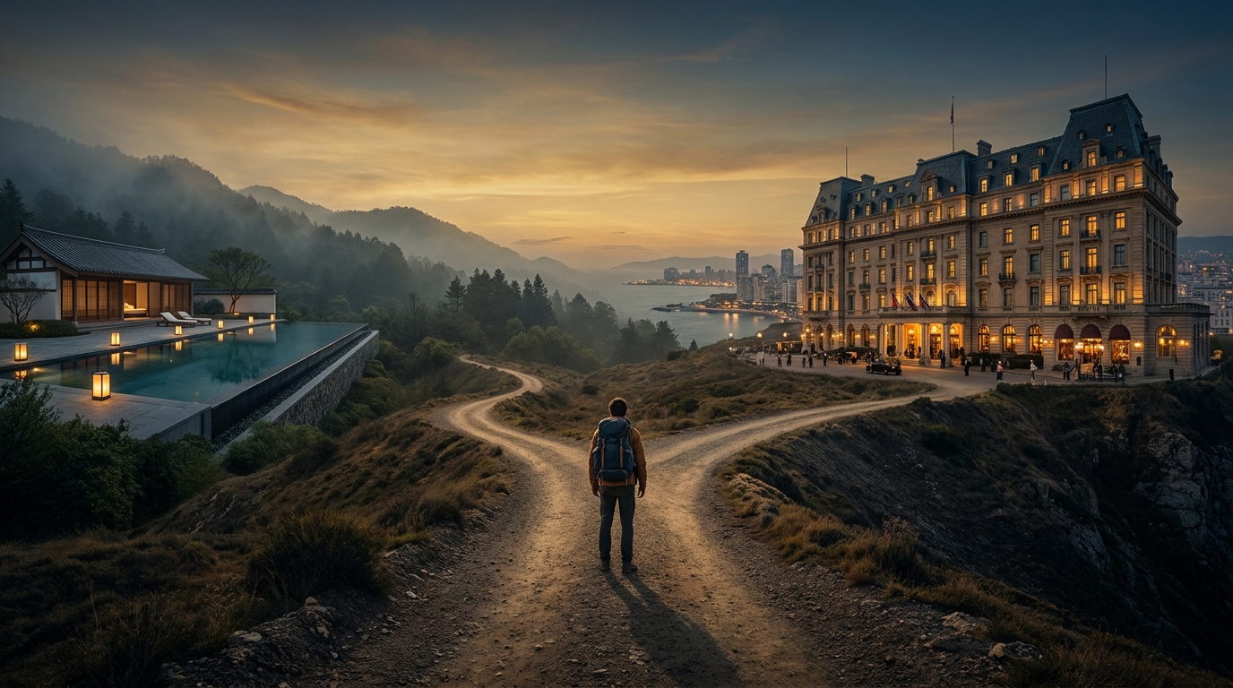 Create a cinematic wide-angle scene suitable for a Travel blog article titled 