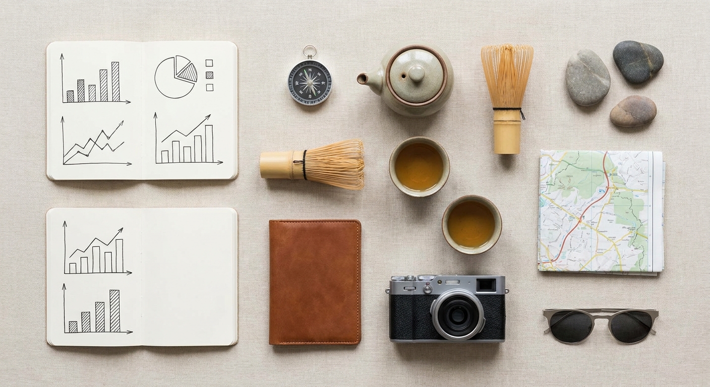 Create a flat-lay top-down composition for a Travel blog article about 