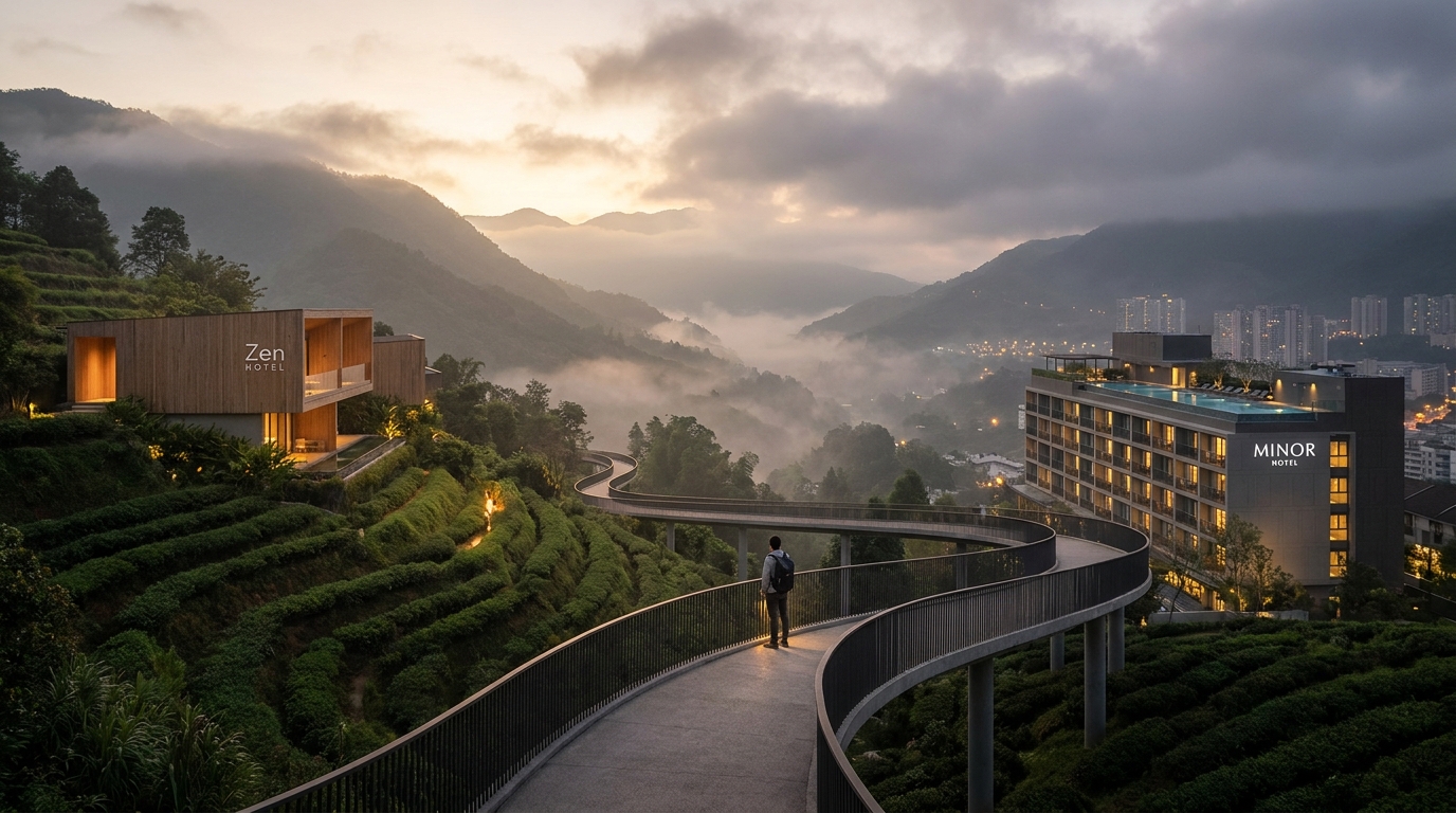 Create a cinematic wide-angle scene suitable for a Travel blog article titled 
