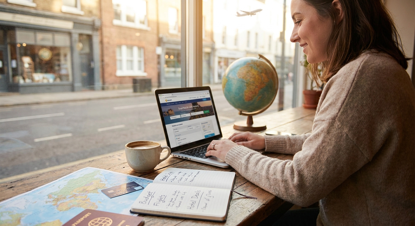 Create a lifestyle photography style blog image for a Travel website article abo