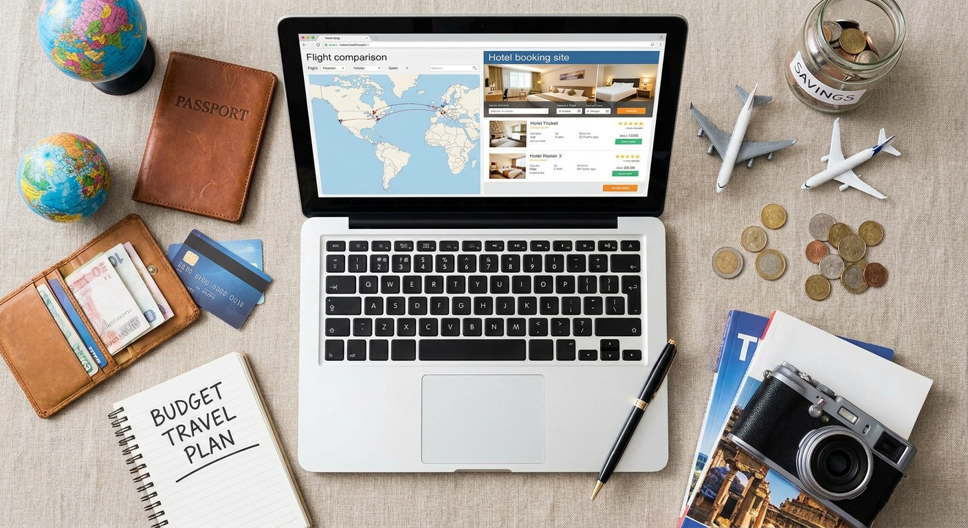 Create a flat-lay top-down composition for a Travel blog article about 
