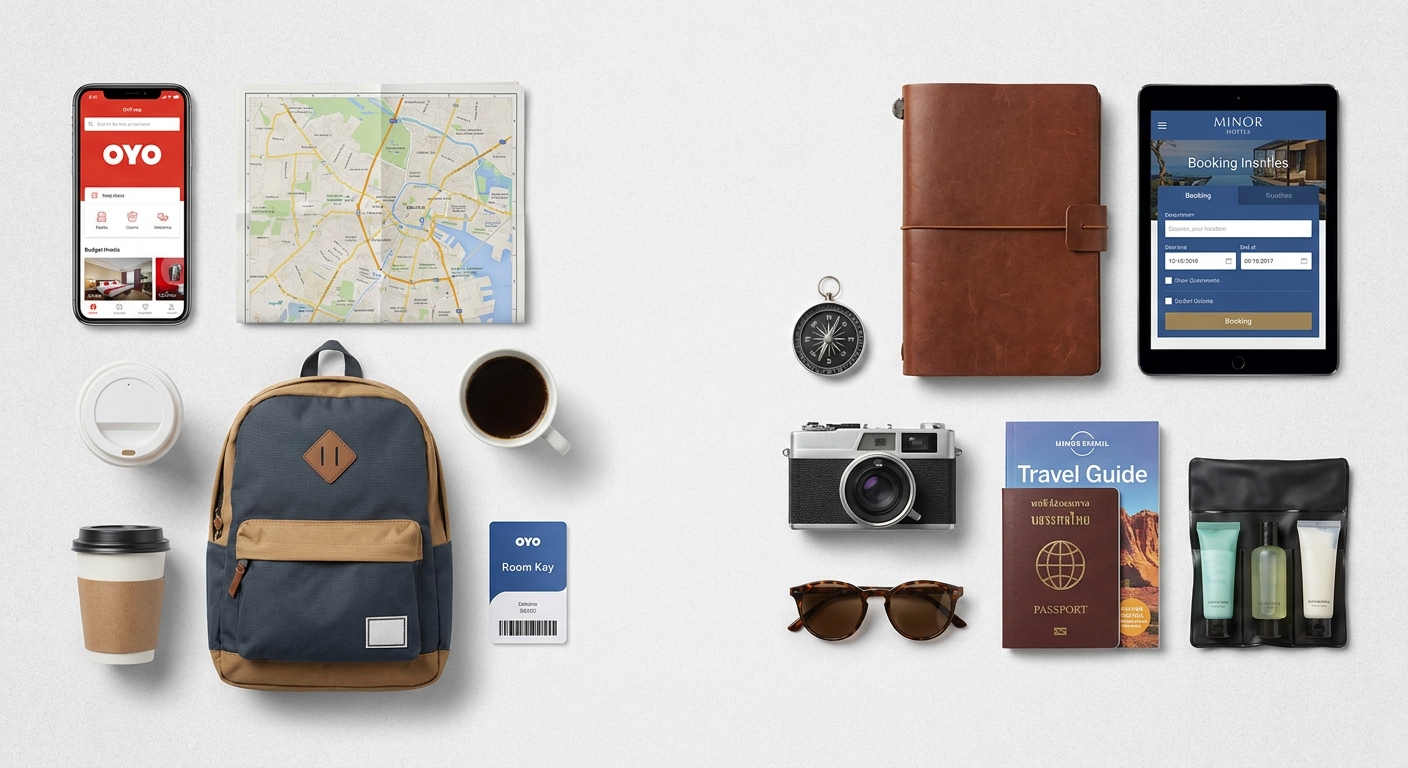 Create a flat-lay top-down composition for a Travel blog article about 