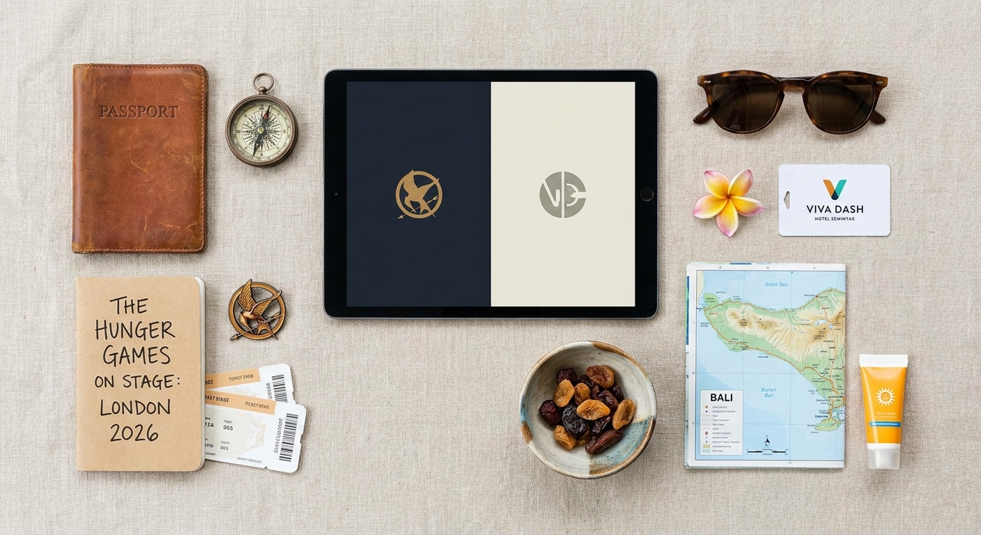 Create a flat-lay top-down composition for a Travel blog article about 