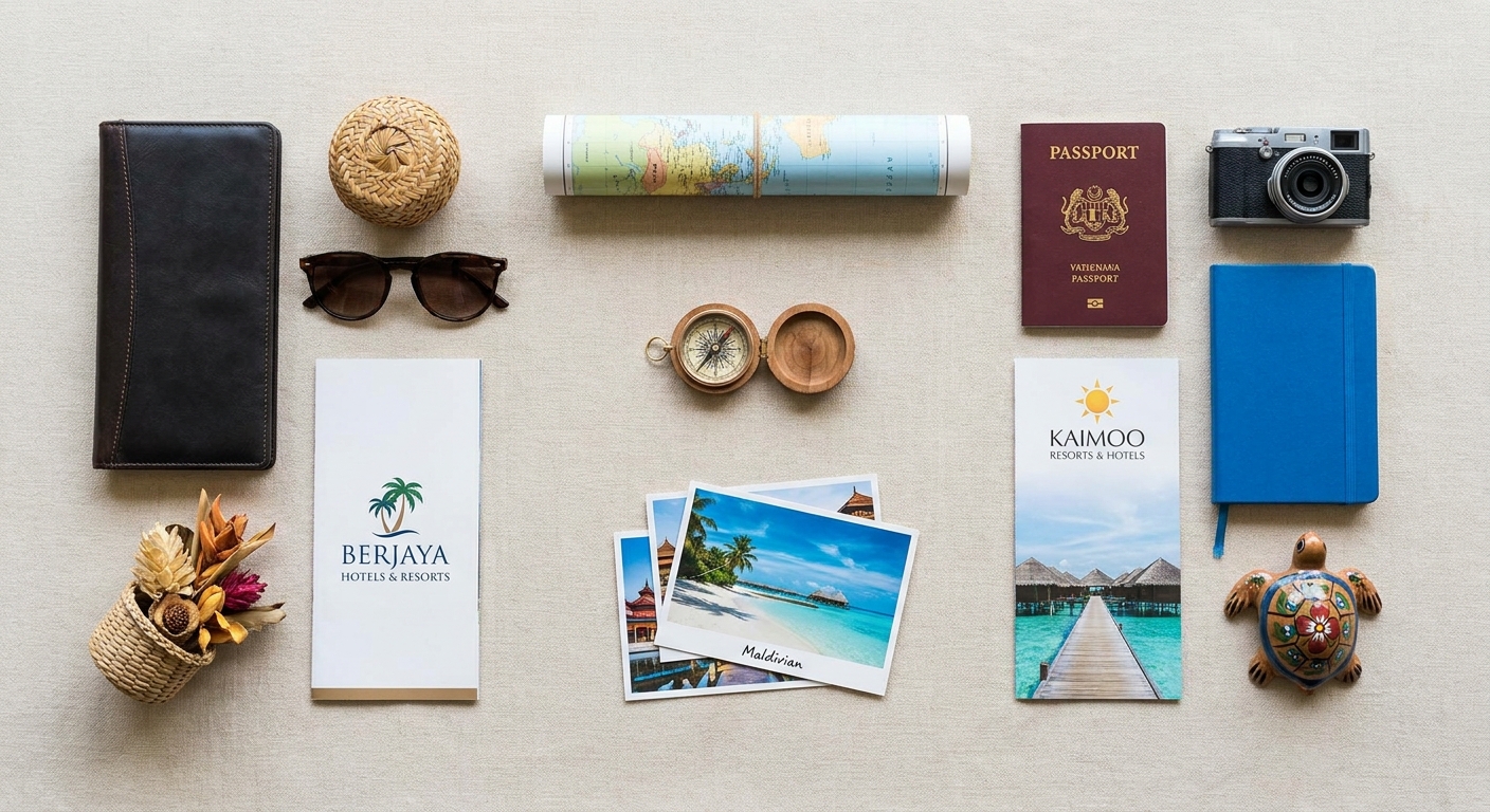 Create a flat-lay top-down composition for a Travel blog article about 