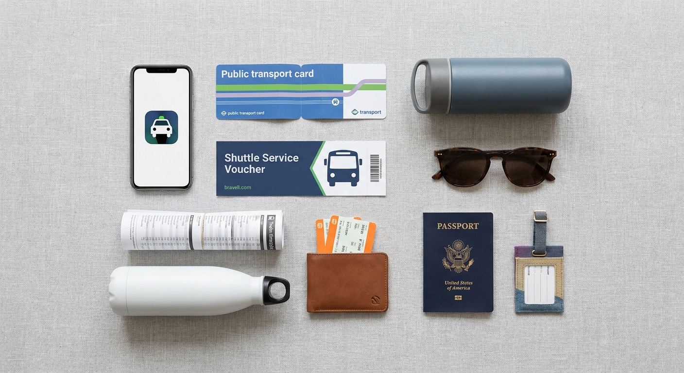 Create a flat-lay top-down composition for a Travel blog article about 
