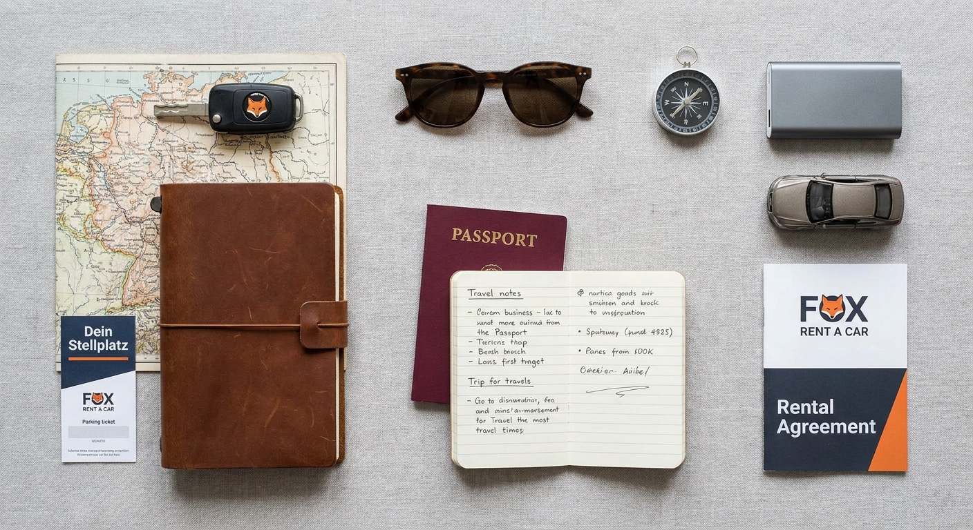 A travel flat-lay with a map, campervan keys, and a compass.