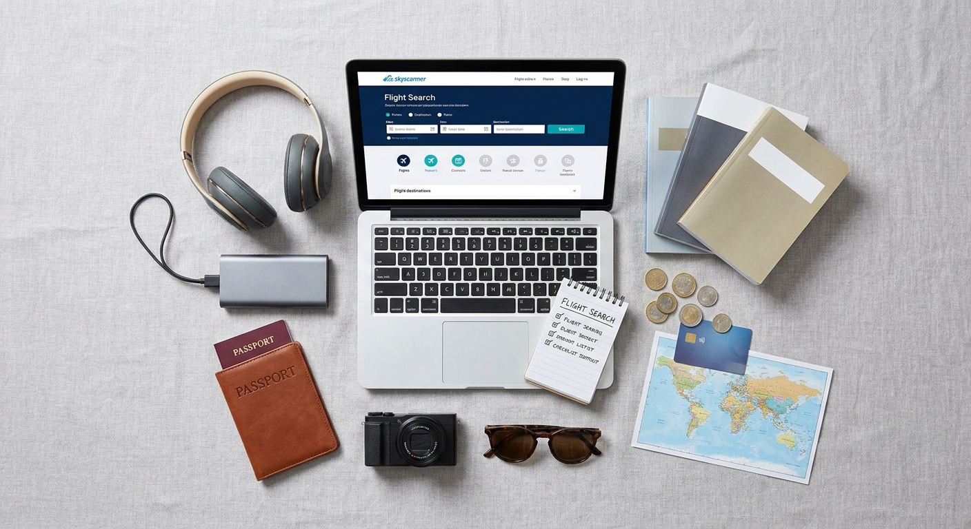 Create a flat-lay top-down composition for a Travel blog article about 