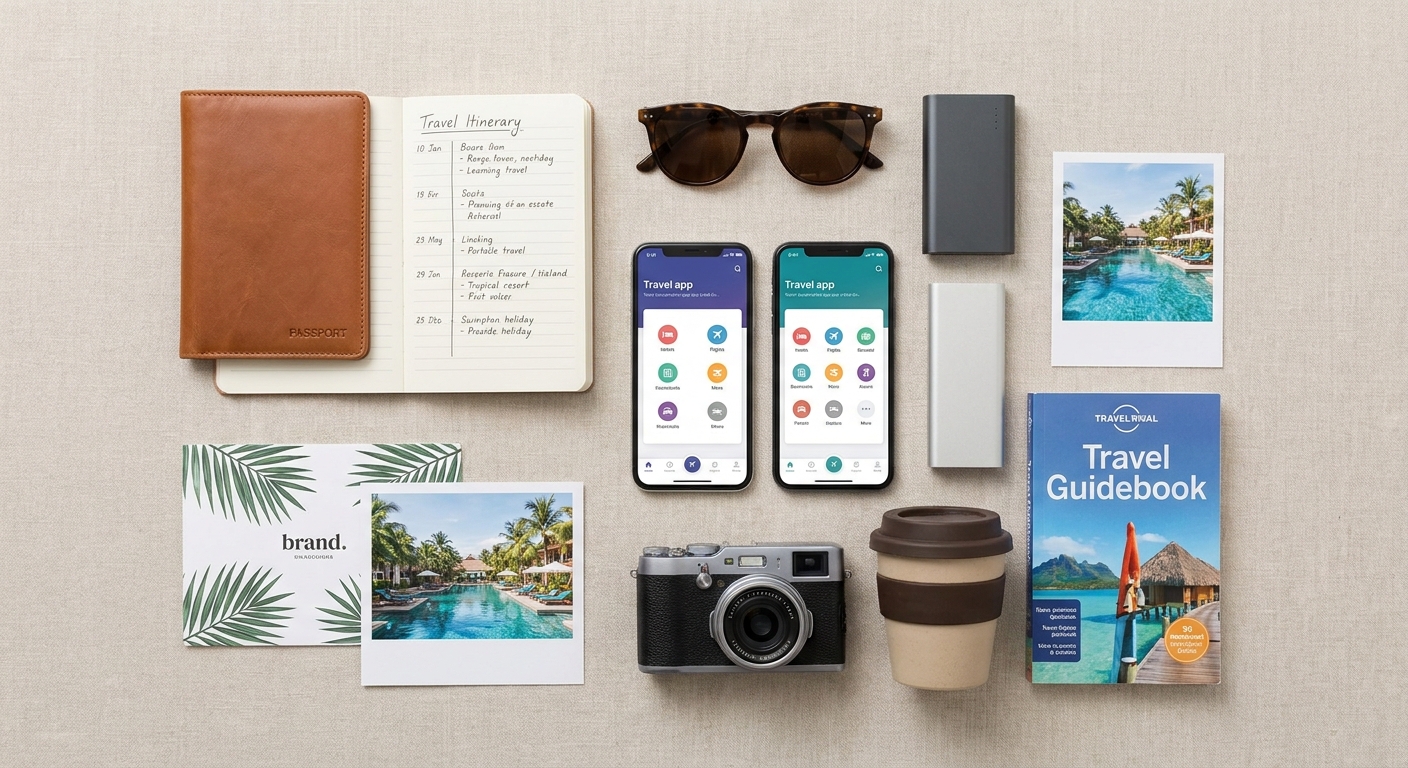 Create a flat-lay top-down composition for a Travel blog article about 
