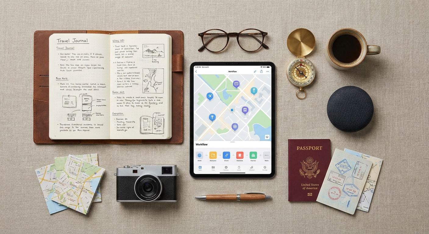 Create a flat-lay top-down composition for a Travel blog article about 